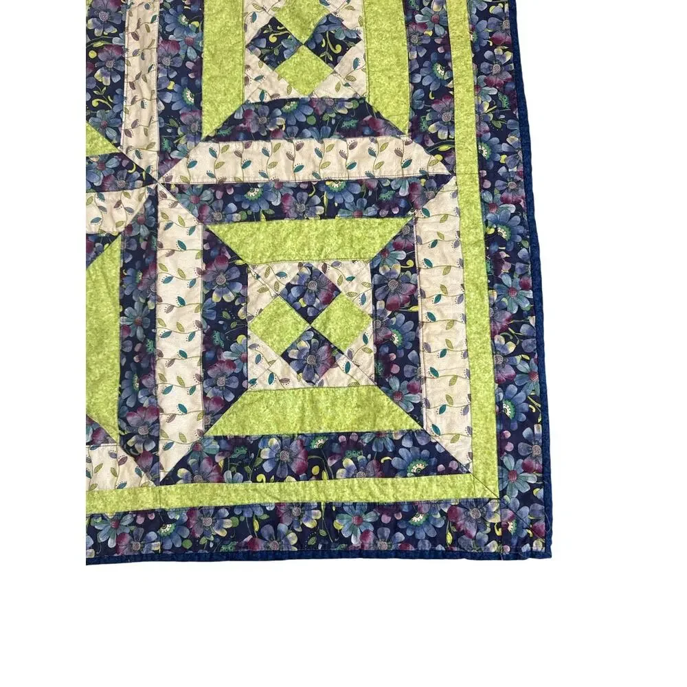 Vintage Hand Made Blue Green Geometric Baby Quilt 31”x31”